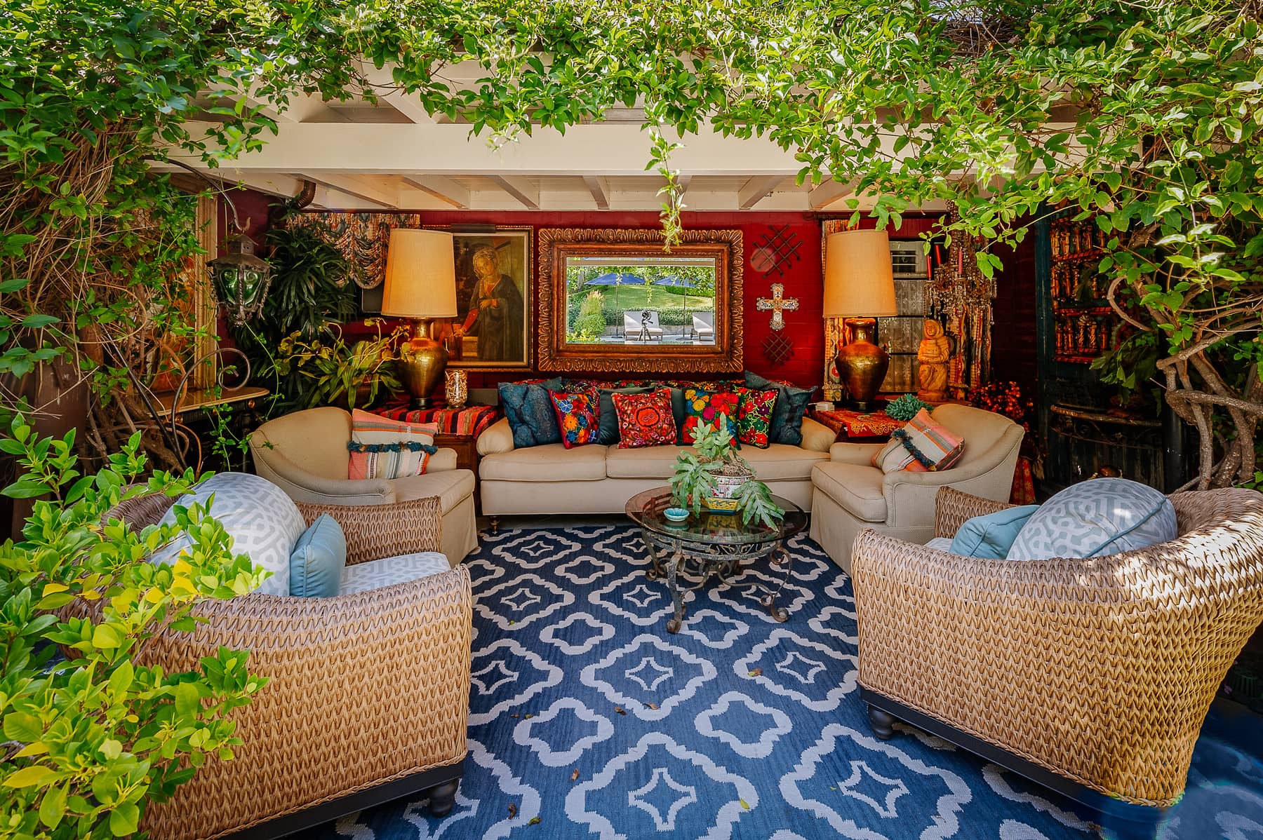 Covered outdoor lounge at a Fryman Canyon Estates home
