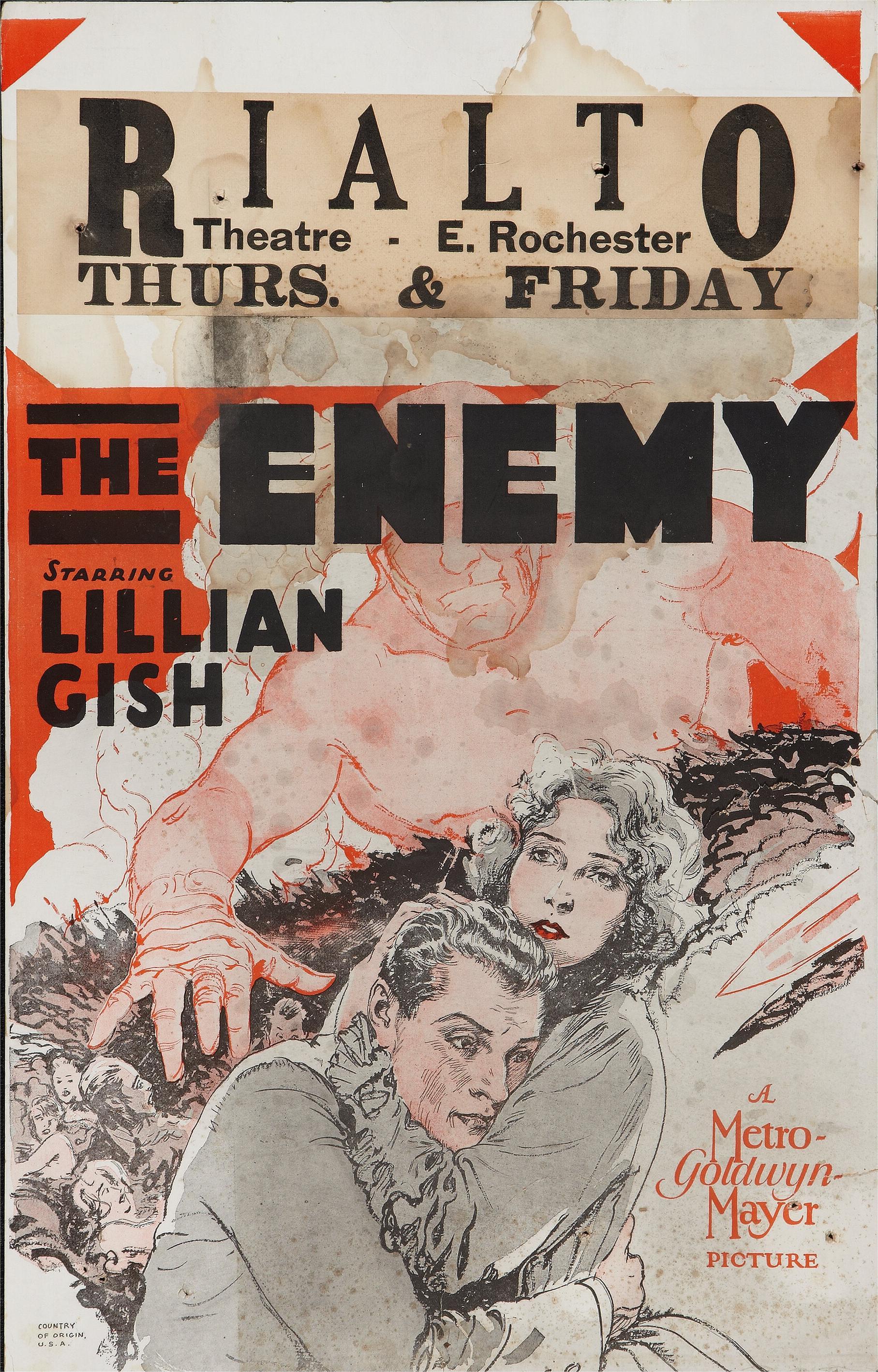 Movie poster for The Enemy (1927), starring Lillian Gish.
