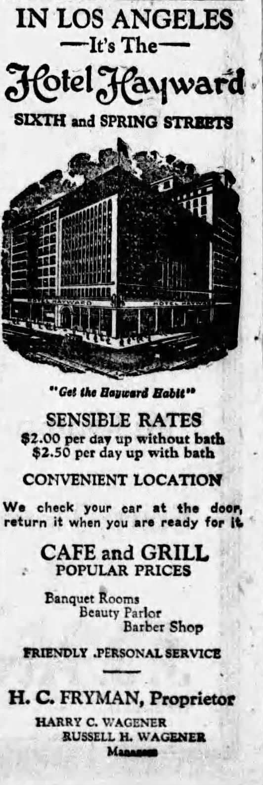 1929 newspaper advertisement for the Hotel Hayward at 6th and Spring Street, downtown Los Angeles.